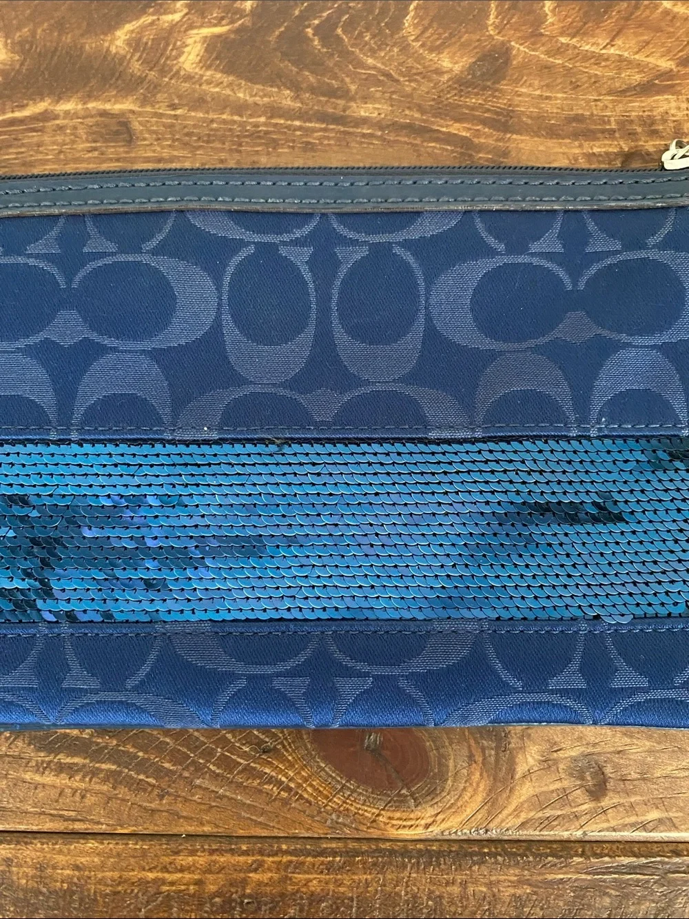 Coach Blue Sequin Stripe Wristlet Clutch